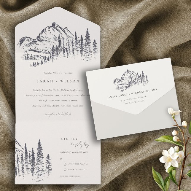 Rustic Navy Pine Woods Mountain Sketch Wedding All In One Invitation (Creator Uploaded)