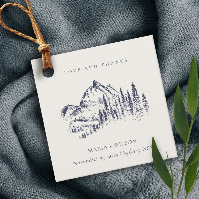 Rustic Navy Pine Woods Mountain Sketch Wedding Favour Tags (Creator Uploaded)