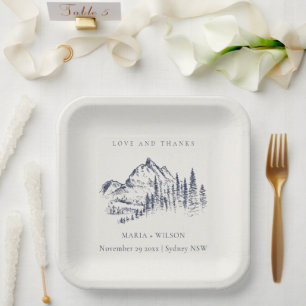Rustic Navy Pine Woods Mountain Sketch Wedding Paper Plate
