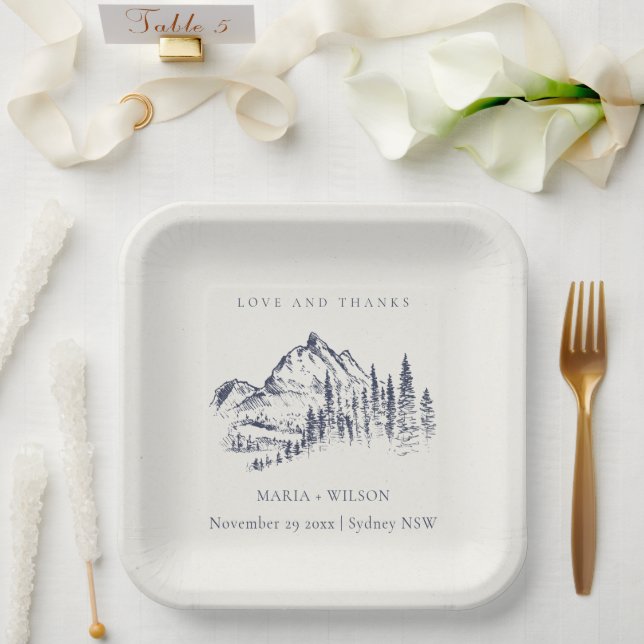 Rustic Navy Pine Woods Mountain Sketch Wedding Paper Plate (Wedding)