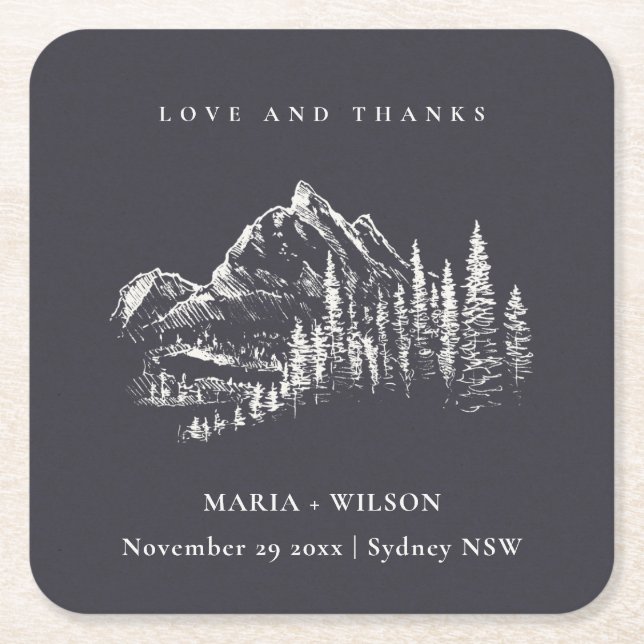 Rustic Navy Pine Woods Mountain Sketch Wedding Square Paper Coaster (Front)