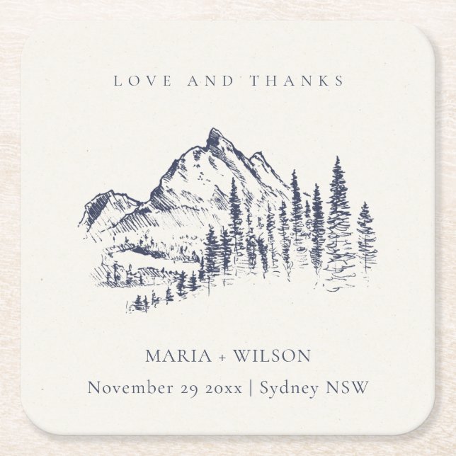 Rustic Navy Pine Woods Mountain Sketch Wedding Square Paper Coaster (Front)