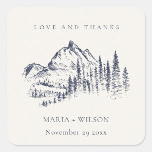 Rustic Navy Pine Woods Mountain Sketch Wedding Square Sticker