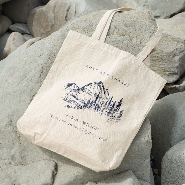 Rustic Navy Pine Woods Mountain Sketch Wedding Tote Bag (Creator Uploaded)