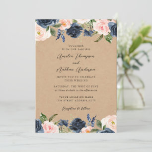 Rustic Navy Pink Elegant Botanical Floral Wedding Invitation