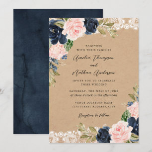 Rustic Navy Pink Floral Lace Wedding Invitation
