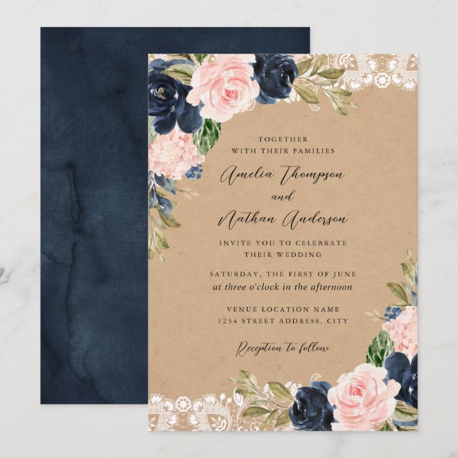 Rustic Navy Pink Floral Lace Wedding Invitation (Front/Back)