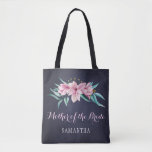 Rustic navy pink floral wedding mother of bride tote bag<br><div class="desc">Rustic elegant spring or summer wedding stylish bridesmaid / maid of honour / flower girl tote bag on dark midnight navy blue chalkboard featuring beautiful pink watercolor magnolias bouquets with mint green eucalyptus foliage. Personalise it with bridesmaid's name on the front and with bride's and groom's names and wedding date...</div>