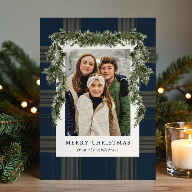 Rustic Navy Plaid Greenery Christmas 4 Photo Holiday Card (Creator Uploaded)