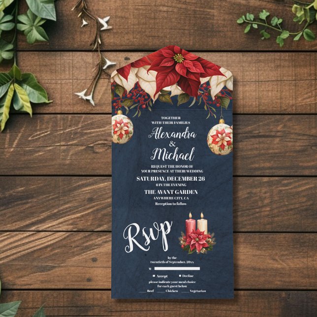 Rustic Navy Poinsettia Floral Christmas Wedding All In One Invitation (Creator Uploaded)