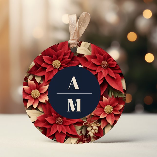 Rustic Navy Poinsettia Floral Christmas Wedding Classic Round Sticker (Creator Uploaded)