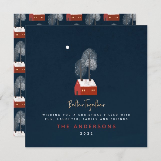 Rustic navy red scandi  traditional cosy Christmas Announcement (Front/Back)