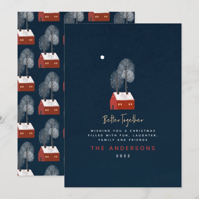 Rustic navy red scandi traditional photo Christmas Announcement (Front/Back)