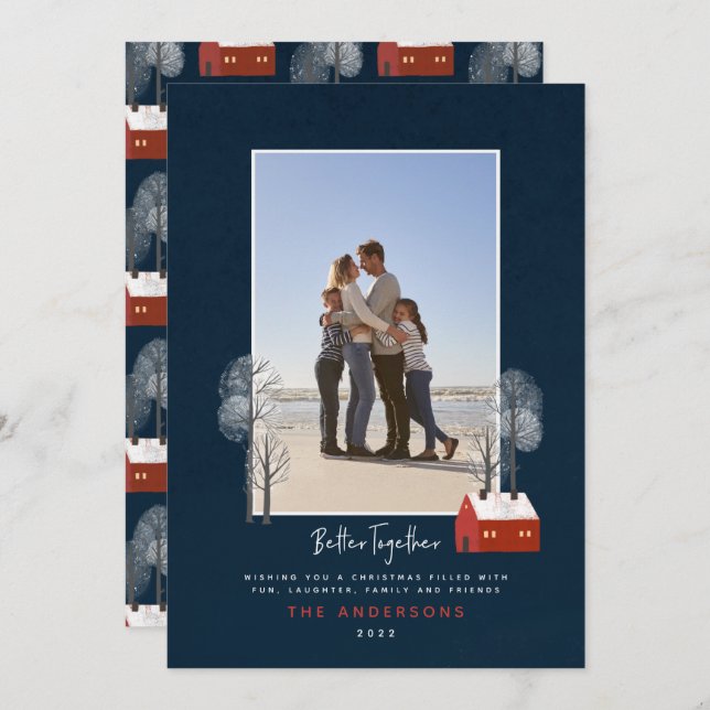 Rustic navy red scandi traditional photo Christmas Announcement (Front/Back)