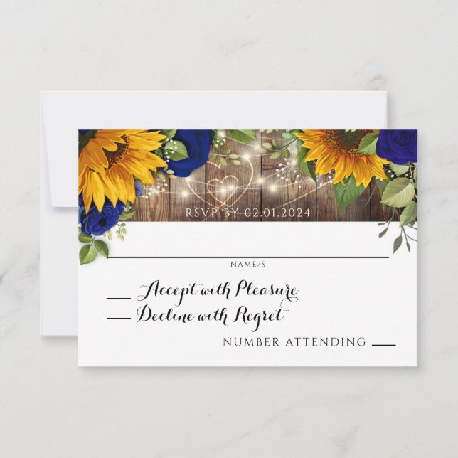 Rustic Navy Rose, Sunflower Wedding RSVP (Front)