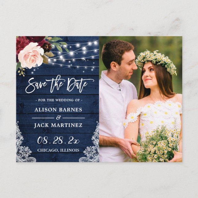 Rustic Navy String Lights Photo Save the Date Postcard (Front)