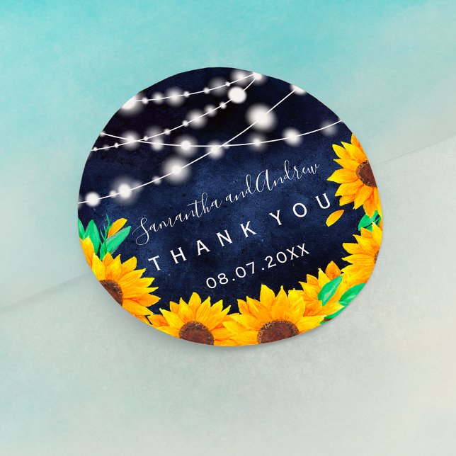 Rustic navy string lights sunflower Thank you Classic Round Sticker (Creator Uploaded)