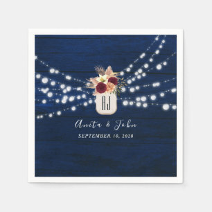 Rustic Navy String Lights Wedding Napkins