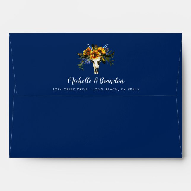 Rustic Navy Sunflower Boho Return Address Envelope (Back (Top Flap))
