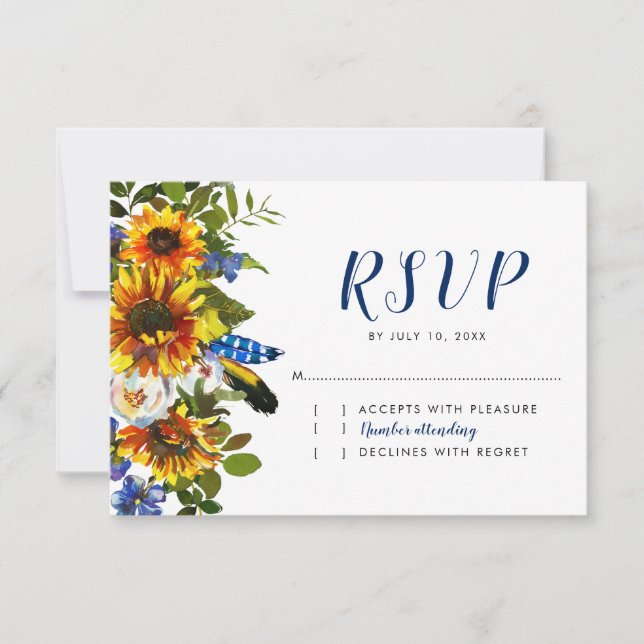 Rustic Navy Sunflower Boho Wedding RSVP Card (Front)