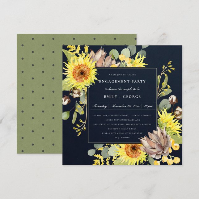 RUSTIC NAVY SUNFLOWER EUCALYPTUS FLORAL ENGAGEMENT INVITATION (Front/Back)