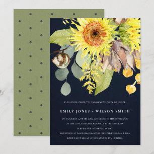 RUSTIC NAVY SUNFLOWER EUCALYPTUS FLORAL ENGAGEMENT INVITATION