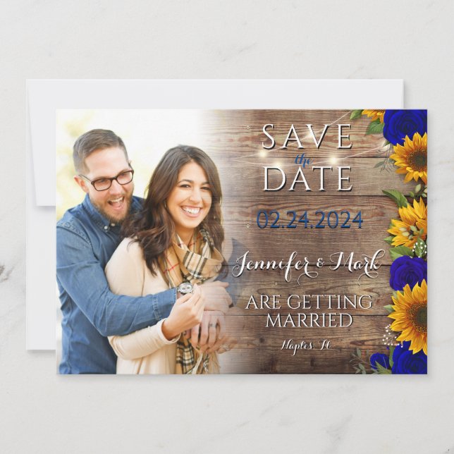 Rustic Navy Sunflower Photo Save the Date Card (Front)