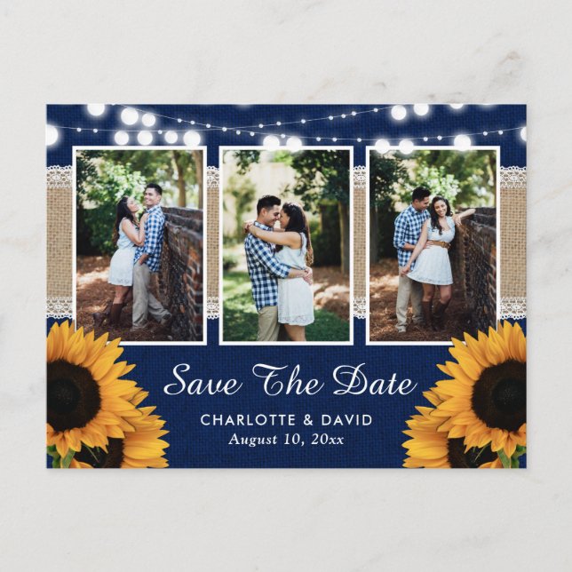 Rustic Navy Sunflower Save The Date Photo Postcard (Front)