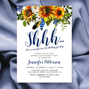 Rustic Navy Sunflower Surprise Birthday Party Invitation