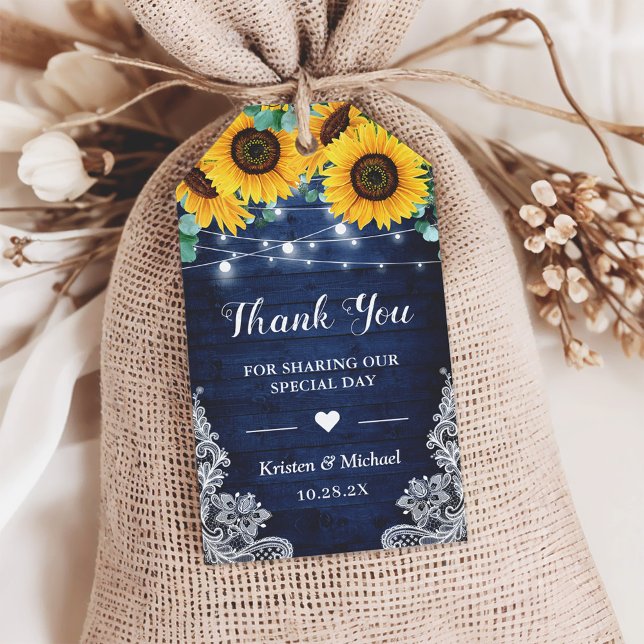 Rustic Navy Sunflowers String Lights Thank You Gift Tags (Creator Uploaded)