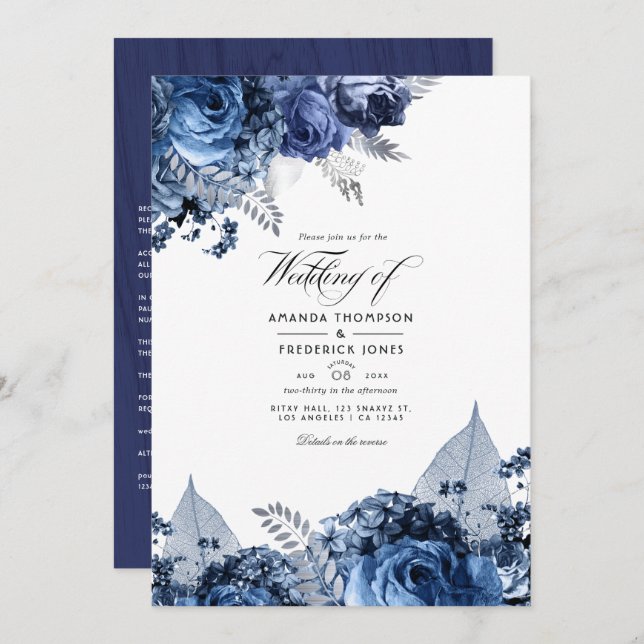Rustic Navy & White with Silver Faux Foil Wedding Invitation (Front/Back)