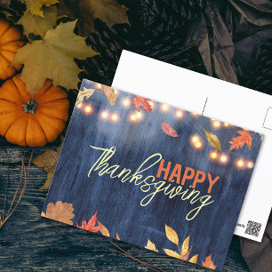 Rustic Navy Wood Autumn Leaves Thanksgiving Postcard