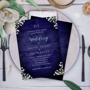 Rustic Navy Wood Baby's Breath Floral Wedding Invitation