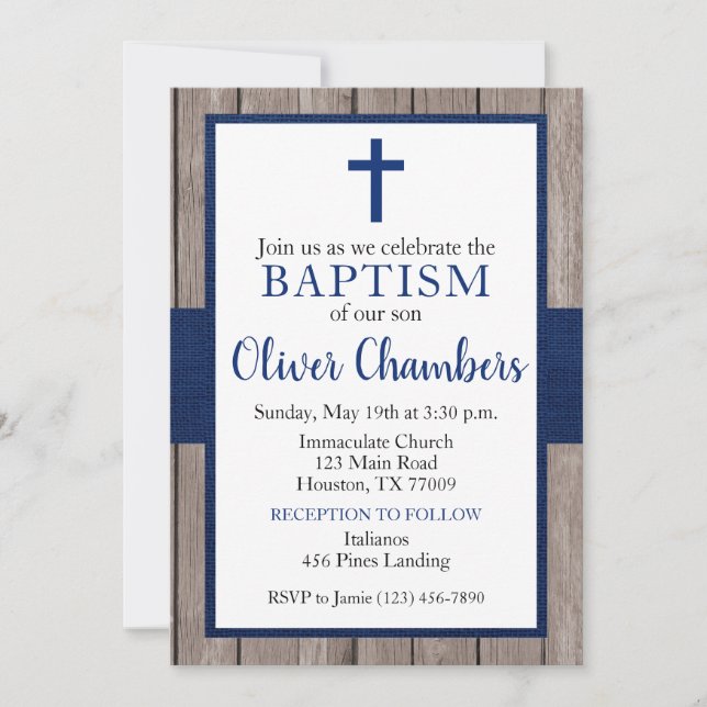 Rustic Navy & Wood Boy Baptism Invitation (Front)