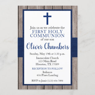 Rustic Navy & Wood Boy First Holy Communion Invitation