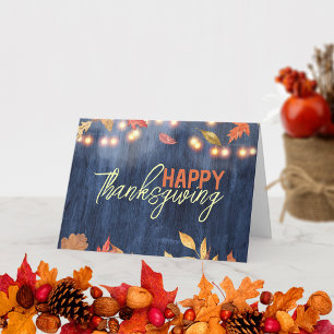 Rustic Navy Wood Fairy Lights Thanksgiving Card