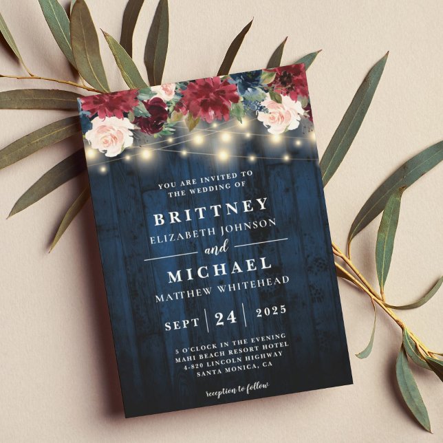 Rustic Navy Wood Floral String Lights Wedding Invitation (Creator Uploaded)