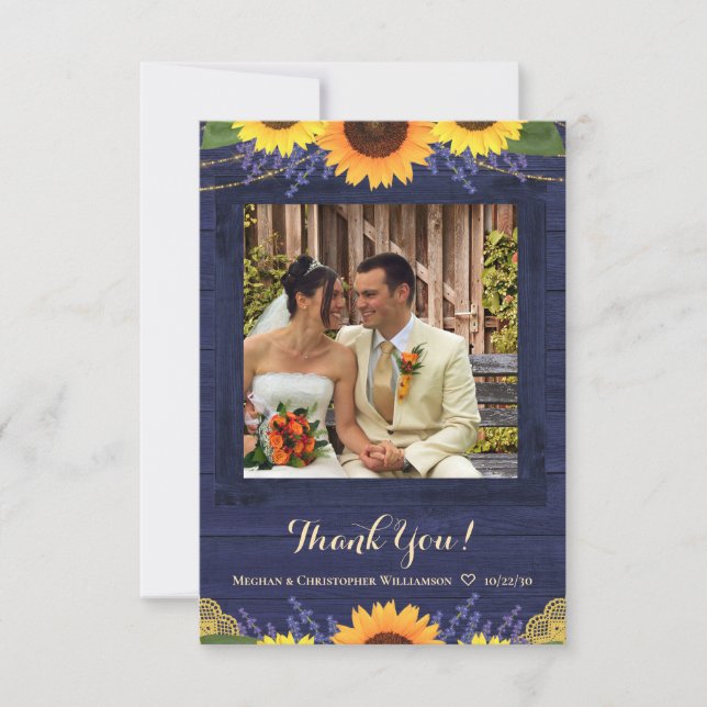 Rustic Navy Wood Lights Sunflower Wedding Photo Thank You Card (Front)