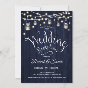 Rustic Navy Wood & Lights Wedding Reception Invitation
