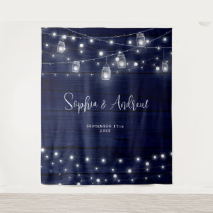 Rustic Navy Wood Mason Jars Lights Tapestry