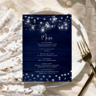 Rustic Navy Wood Mason Jars Lights Wedding Menu
