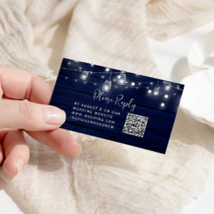 Rustic Navy Wood Mason Jars Lights Wedding QR RSVP Enclosure Card
