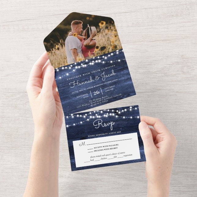 Rustic Navy Wood String Lights Photo RSVP Wedding All In One Invitation (Tearaway)