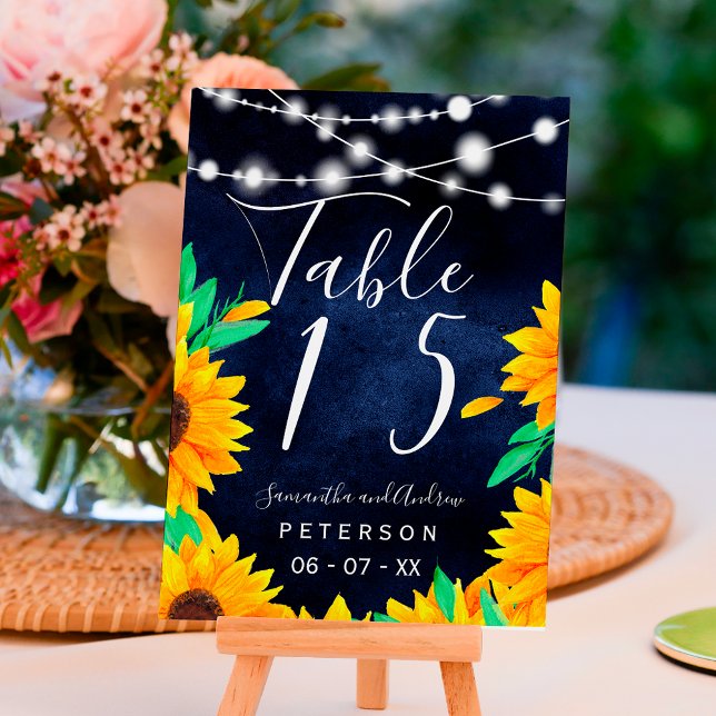 Rustic navy wood string lights sunflowers  table table number (Creator Uploaded)
