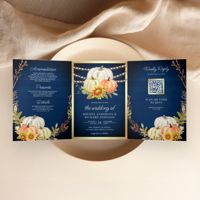 Rustic Navy Wood Sunflower Pumpkin QR Code Wedding Tri-Fold Invitation (Creator Uploaded)