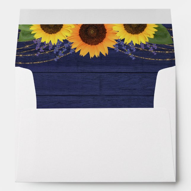 Rustic Navy Wood Sunflower Return Address Wedding Envelope (Back (Bottom))