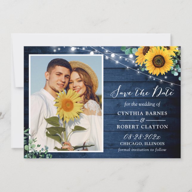Rustic Navy Wood Sunflower String Lights Photo Save The Date (Front)
