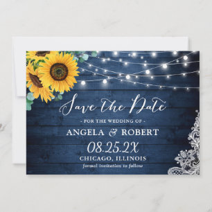 Rustic Navy Wood Sunflower String Lights Wedding Save The Date