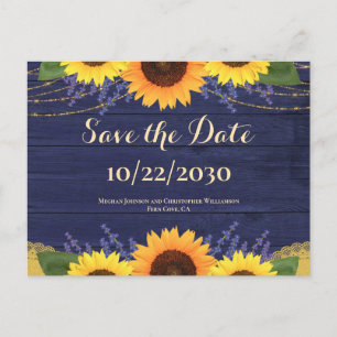 Rustic Navy Wood Sunflower Wedding Save the Date Postcard