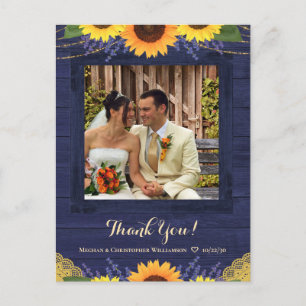 Rustic Navy Wood Sunflower Wedding Thank You Photo Postcard